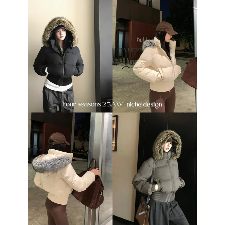 区区欧阳【超显瘦羽绒】蓬感轻暖90白鸭绒连帽毛领收腰短款羽绒服