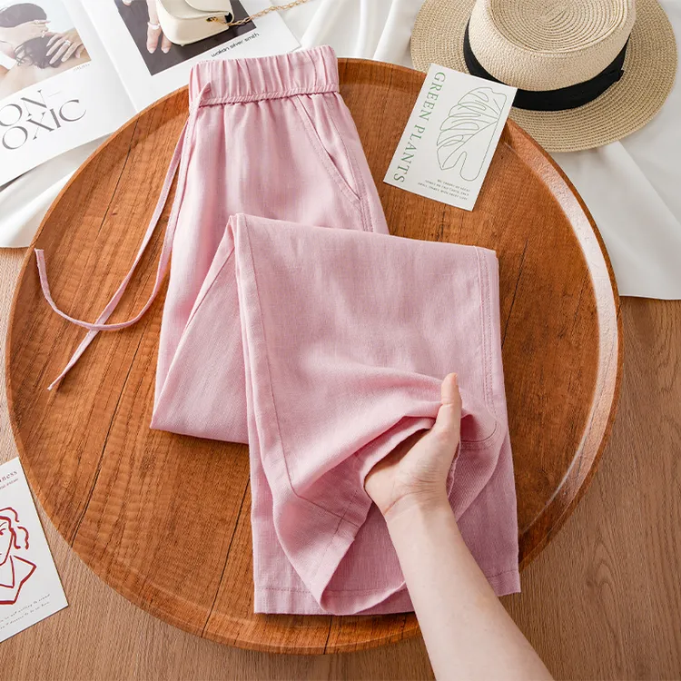 天丝抗皱亚麻阔腿裤女士夏季2025新款松紧高腰遮肉显瘦棉麻直筒裤