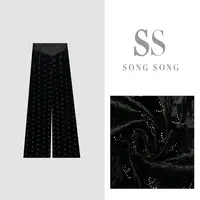 SONG-原创【星夜垂璨】冬季加厚满钻拼皮丝绒保暖奢华百搭显瘦长裤
