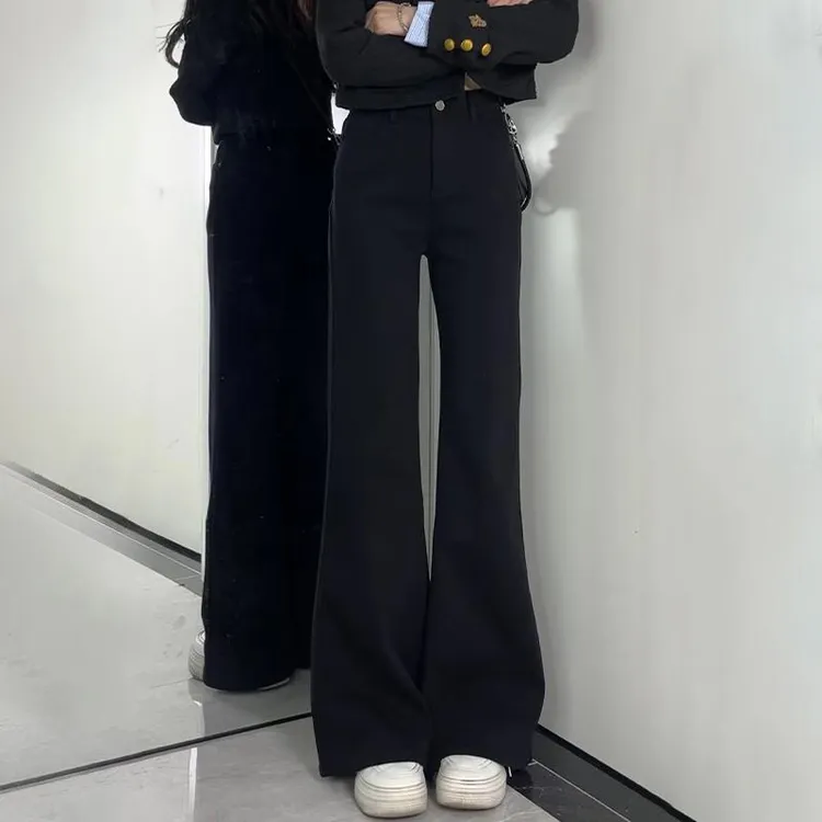 复古蓝不贴腿微喇牛仔裤女春秋大码显瘦梨形身材高个子弹力喇叭裤