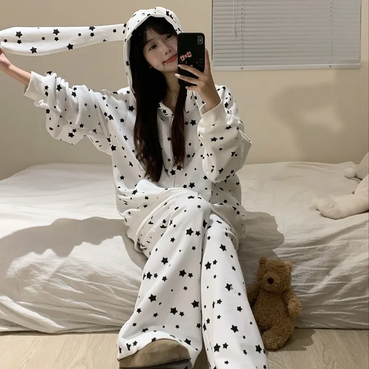 新款秋冬季德绒加厚可爱睡衣女星星连帽兔耳朵卡通甜美家居服套装