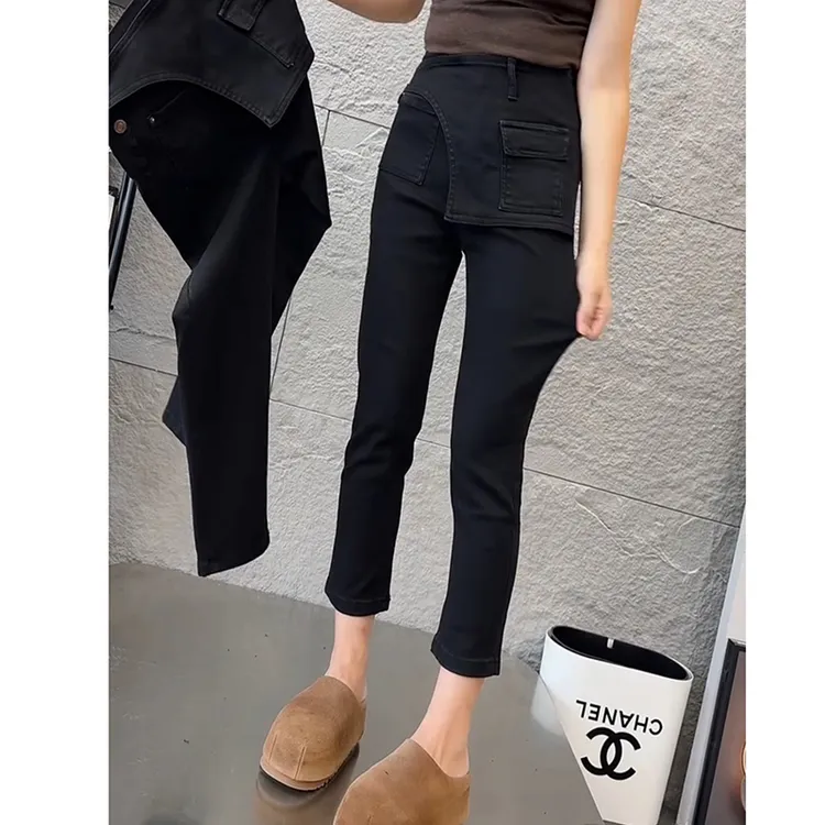 女高腰烟管裤性感风九分裤子牛仔裤休闲黑色春秋弹力裙裤百搭大码
