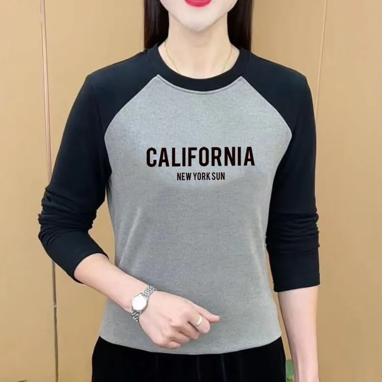 纯棉打底衫圆领宽松秋衣新款韩版白色t恤女潮流百搭春秋印花上衣