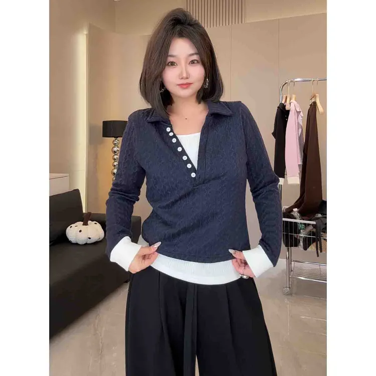 慧雯儿微胖定制【韩系拼色上衣】显瘦打底衫女