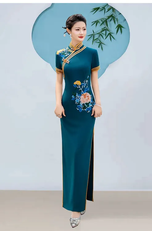 走秀旗袍长裙立领复古优雅气质旗袍裙旗袍大码时尚中国风演出旗袍