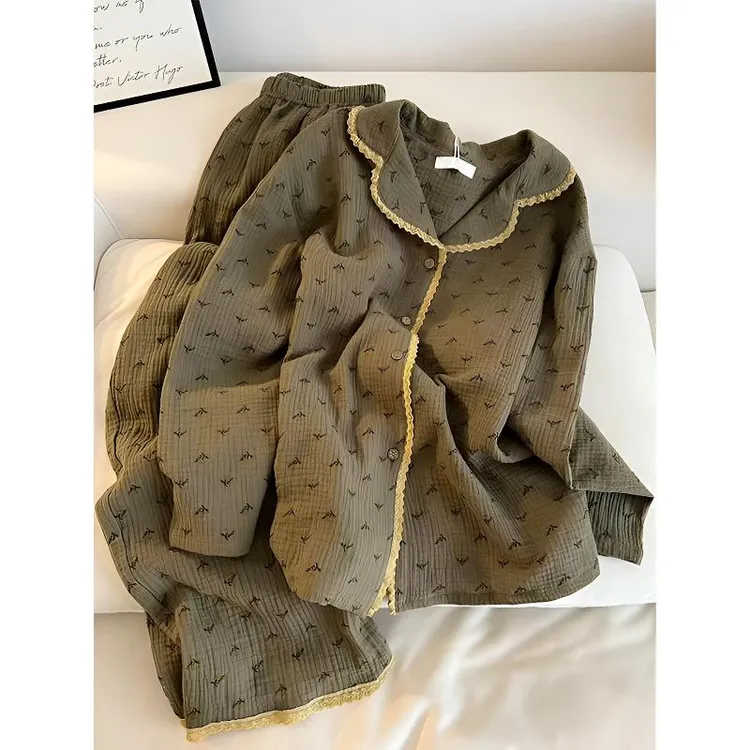 温柔风小碎花绵柔睡衣女春秋甜美大码慵懒风长袖长裤家居服两件套