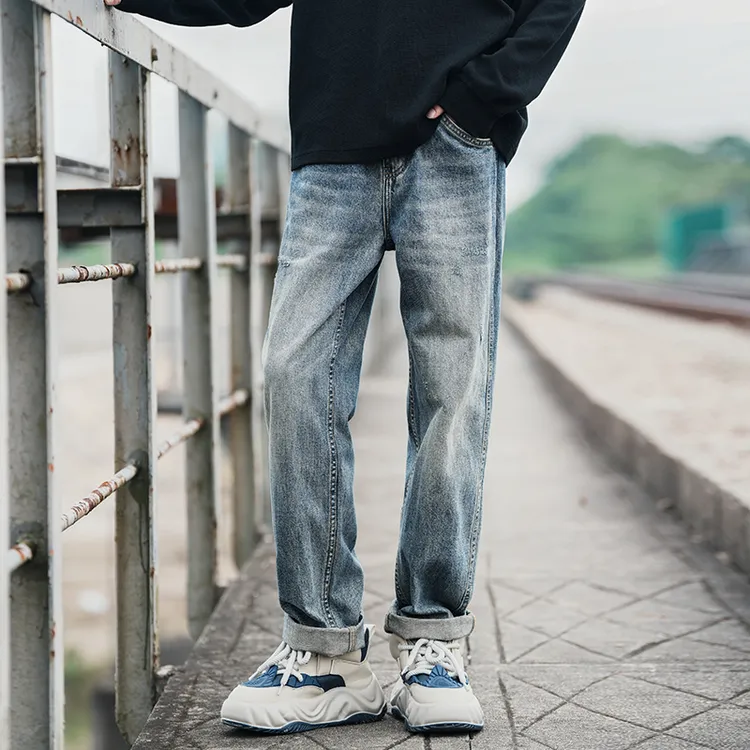 【175+靓仔进】日系复古水洗蓝色阔腿牛仔裤男潮牌春秋新款宽松直筒休闲工装长裤