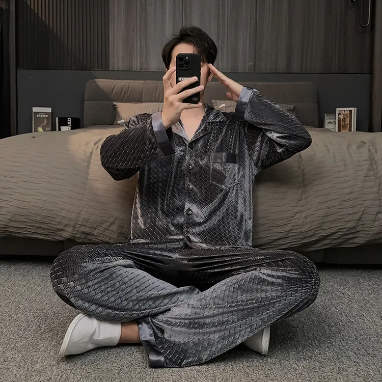 高端金钻绒睡衣男春秋款长袖长裤2025新款轻奢家居服秋冬大码套装