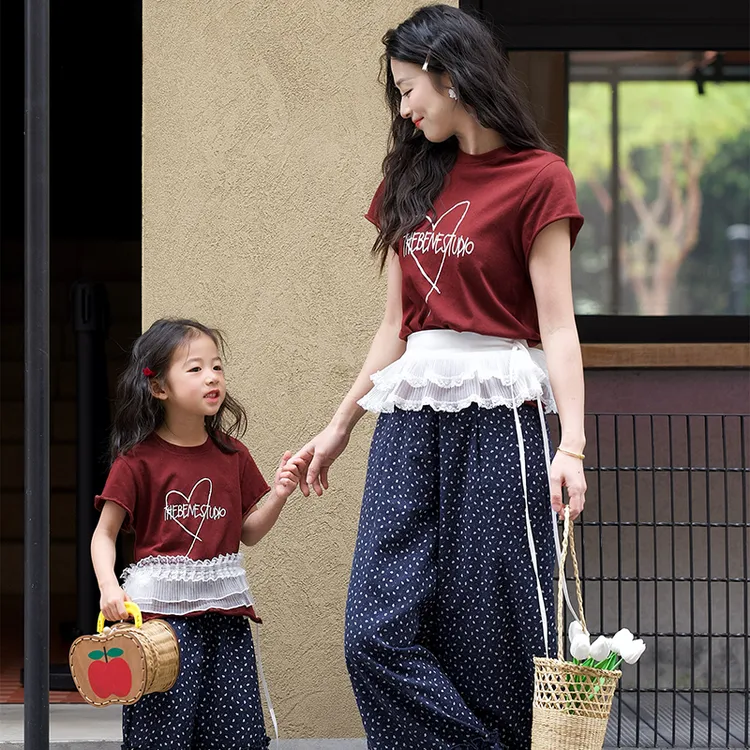 cicibaby亲子装夏季新款炸街母女装洋气爱心T恤波点阔腿裤两件套