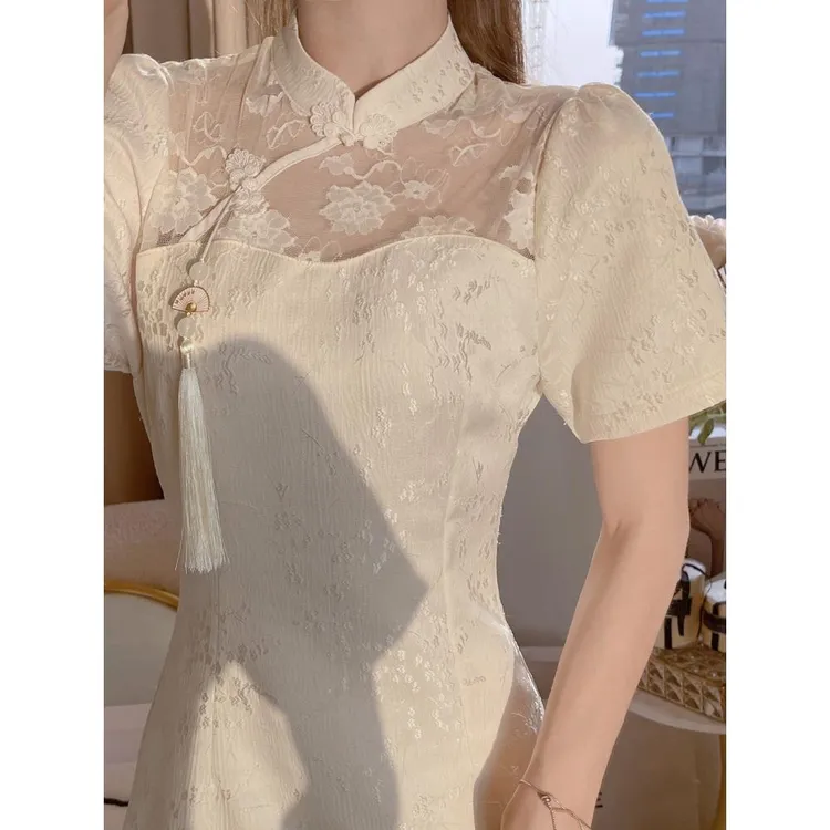 她他百伦白玉月光新中式旗袍连衣裙短袖收腰显瘦性感网纱长裙2025