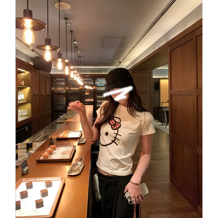 [甜沁喵袭]夏季新款修身圆领kitty短袖印花可爱纯色圆领T恤上衣女