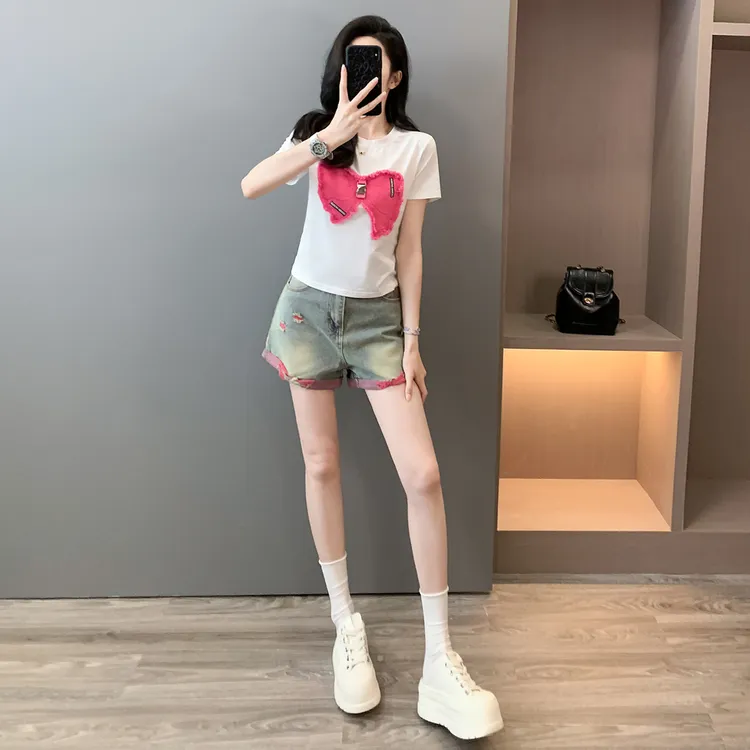 2025夏季新款女时尚休闲韩版彩色青春减龄牛仔短裤短袖T恤套装