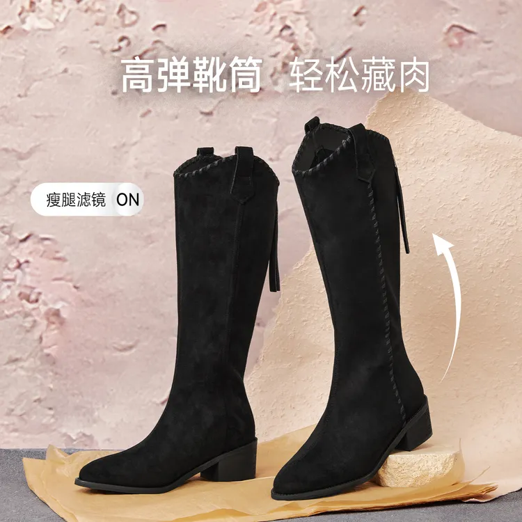 【商场同款】百思图2025冬季新款琥珀流光骑士靴粗跟女长靴F3016DG5