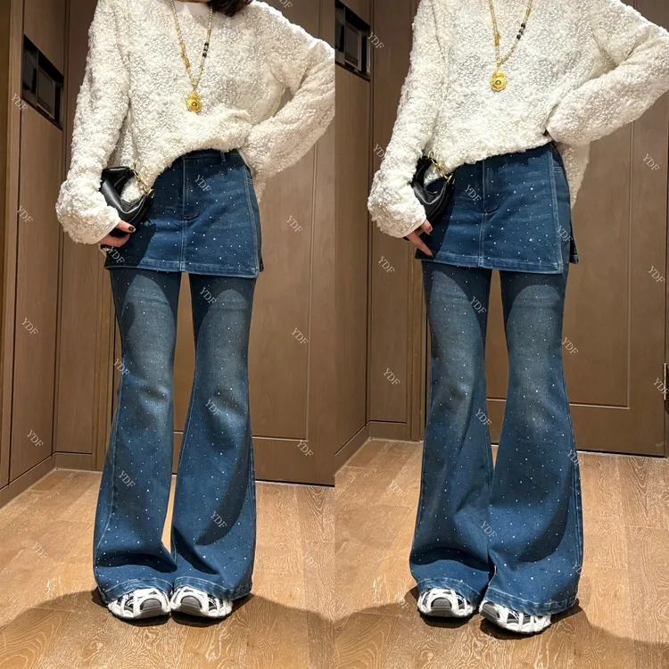 YDFSTUDIO小众【腿精裤】欧货高品烫钻屁帘设计假两件喇叭牛仔裤