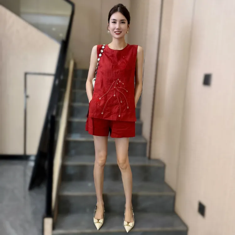 【JY】夏日穿搭新中式国风棉麻宽松刺绣马甲阔腿短裤两件套装女