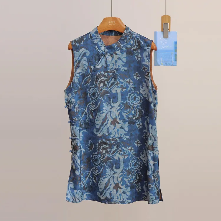 新中式复古国风印花旗袍背心上衣女夏季新款开叉收腰气质无袖马甲