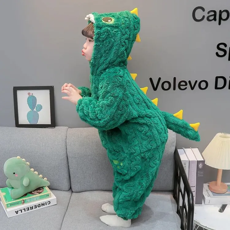 儿童睡衣冬法兰绒男女童恐龙连体衣双层加厚宝宝冬季珊瑚绒家居服