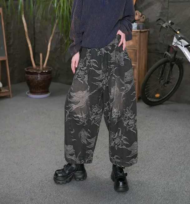 【锦鲤】秋季新款牛仔提花休闲牛仔裤松紧腰阔腿长裤女