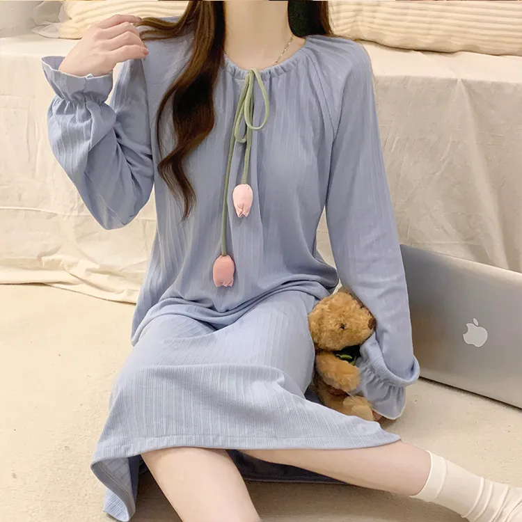 长袖睡裙女款春秋季精梳棉性感法式宫廷风带胸垫蓝色郁金香睡衣裙