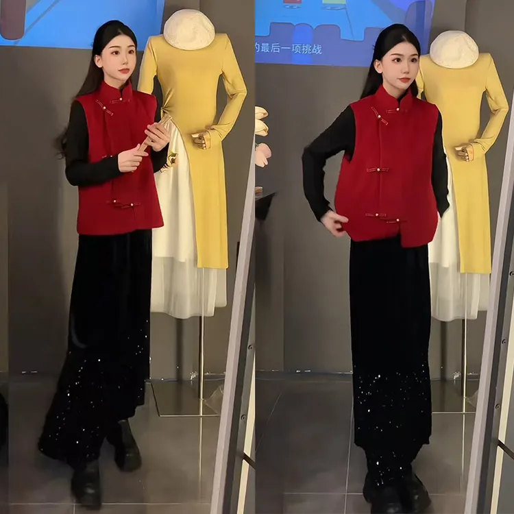 今年流行一整套2025年新款百搭长袖上衣新中式马甲半身裙两件套装