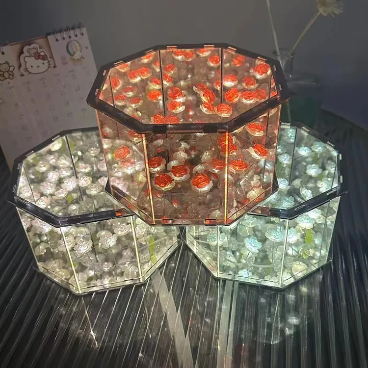 八面情侣小夜灯礼物材料包情人节创意个性化手工八边形镜玫瑰花DI