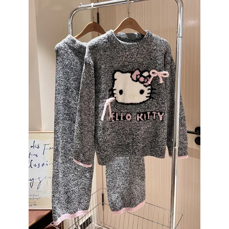 【DSYJ大睡衣家】可爱Kitty半边绒睡衣女秋冬款加厚保暖宽松家居服