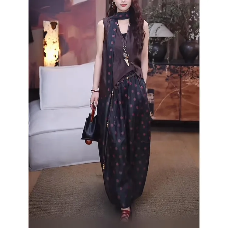 宽松显瘦无袖背心+高腰阔腿A字版花苞裙两件套2025年新款时尚套装