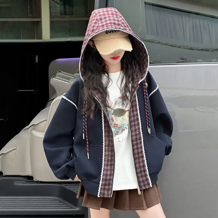 中大童8-15岁女童装儿童卫衣女童外套秋季外穿格子宽松洋气学院风