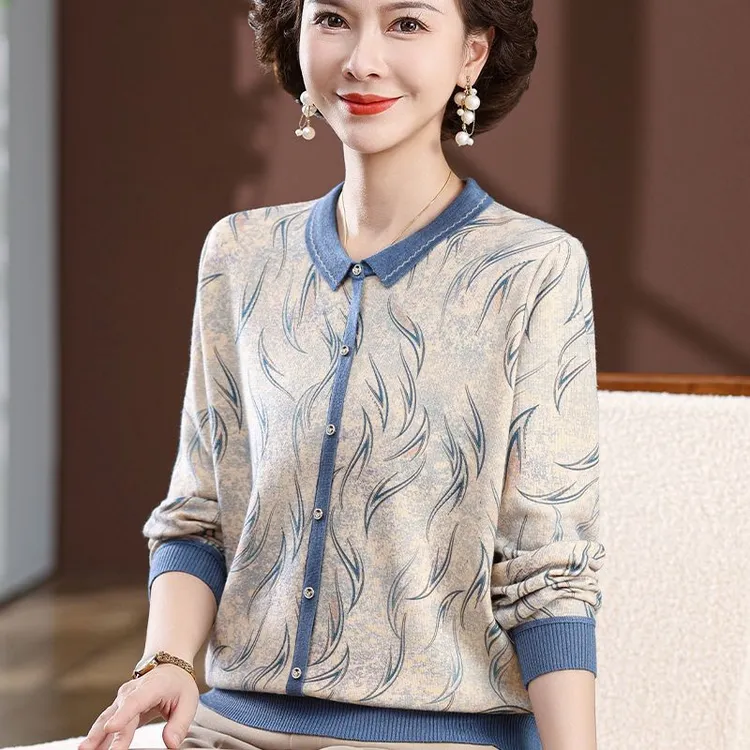 洋气中老年女春秋新款针织有领打底衫时尚妈妈套头长袖毛衣T恤薄