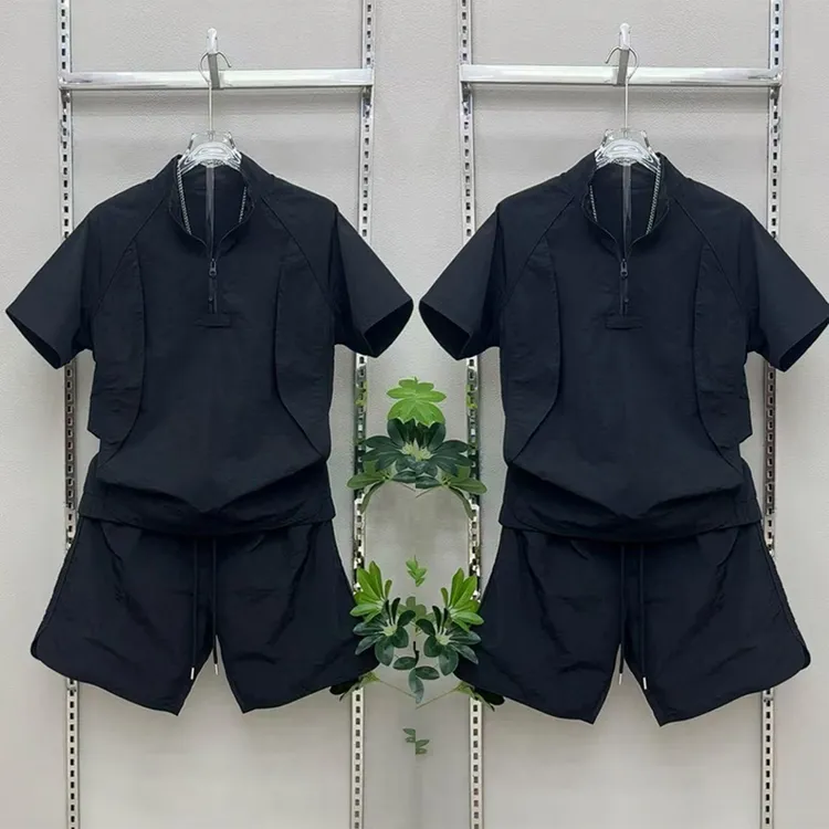 夏季套装男士潮流百搭时尚休闲运动纯色立领短袖短裤速干两件套潮