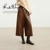 KOKO WANG 秋冬高腰抽绳水染超A+羔羊皮显瘦阔腿皮裤 N0685H03K43