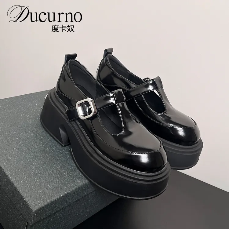 DUCURNO英伦风黑色小皮鞋女2025新款时尚丁字带粗跟厚底真皮单鞋
