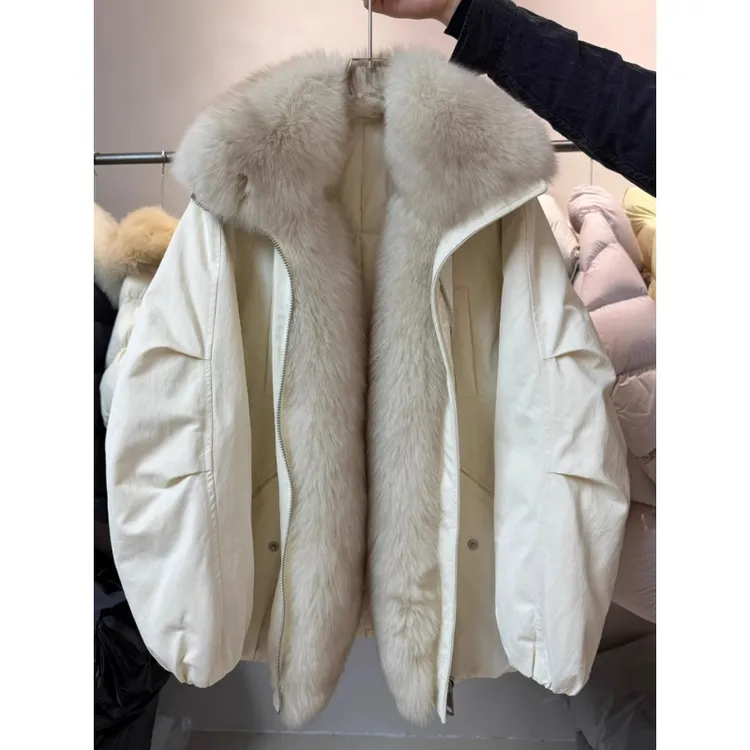 白色棉服女短款高级感毛毛领连帽棉衣2025冬季收腰拉链棉袄外套女