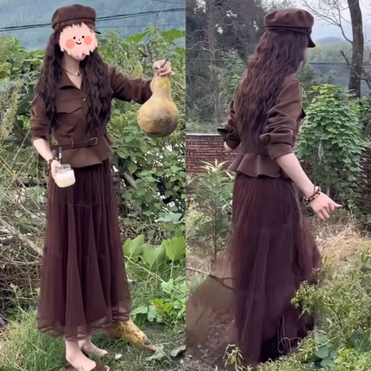 入秋一整套穿搭洋气甜酷复古设计腰带款长袖外套+轻盈柔纱半身裙