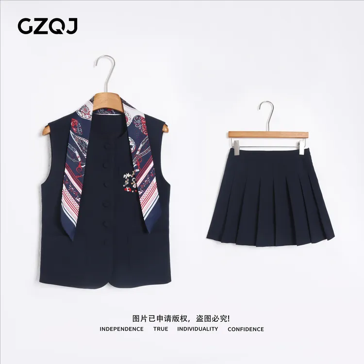 老琴私服【青穹浮彩】欧若风领带上衣高腰百褶短裙子套装女87184