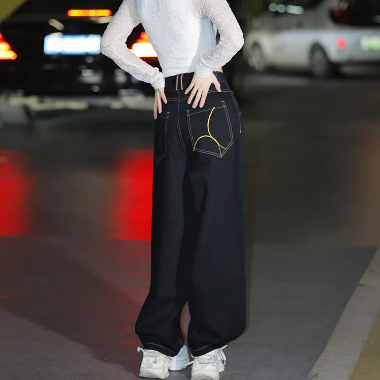 黑色牛仔裤女款爆款2025新款春季小众流行裤子潮牌宽松高腰阔腿裤