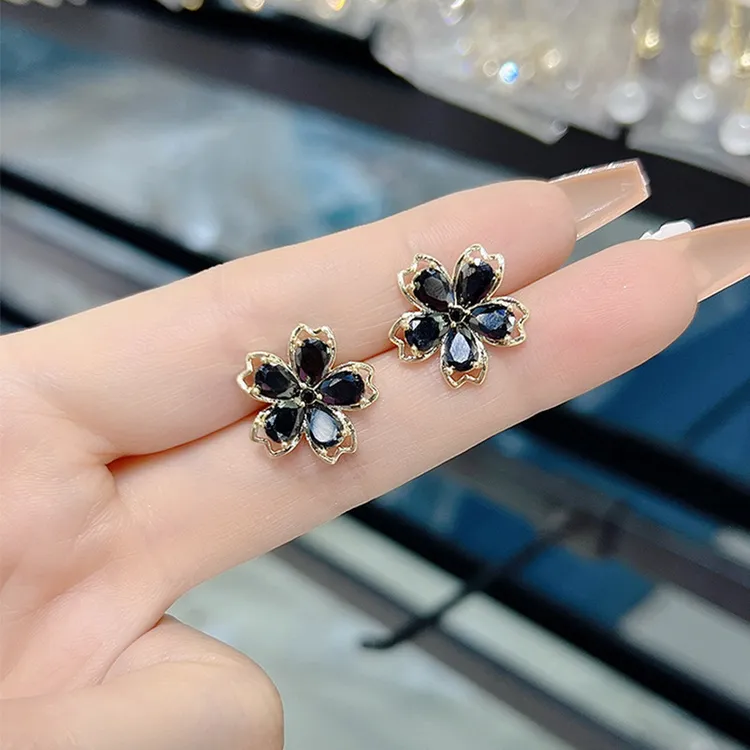 足银玻璃耳饰锆石花朵耳钉高级感小巧新款潮耳环女简约百搭小清新