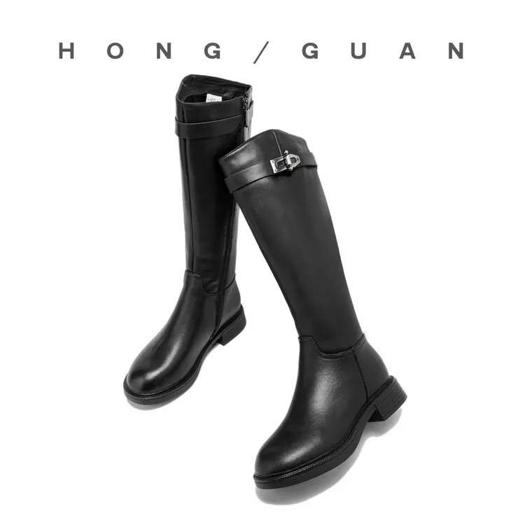 3cm | 红冠骑士长靴女靴鞋子新款冬季加绒黑色高长筒靴5866-1