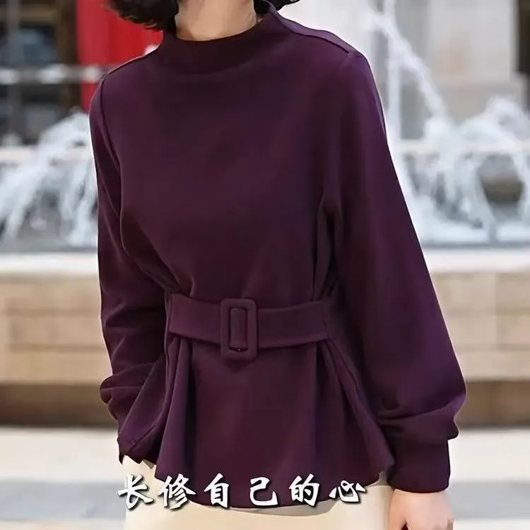 韩系时髦气质百搭高领长袖套头显瘦春秋新款腰带设计感收腰上衣女