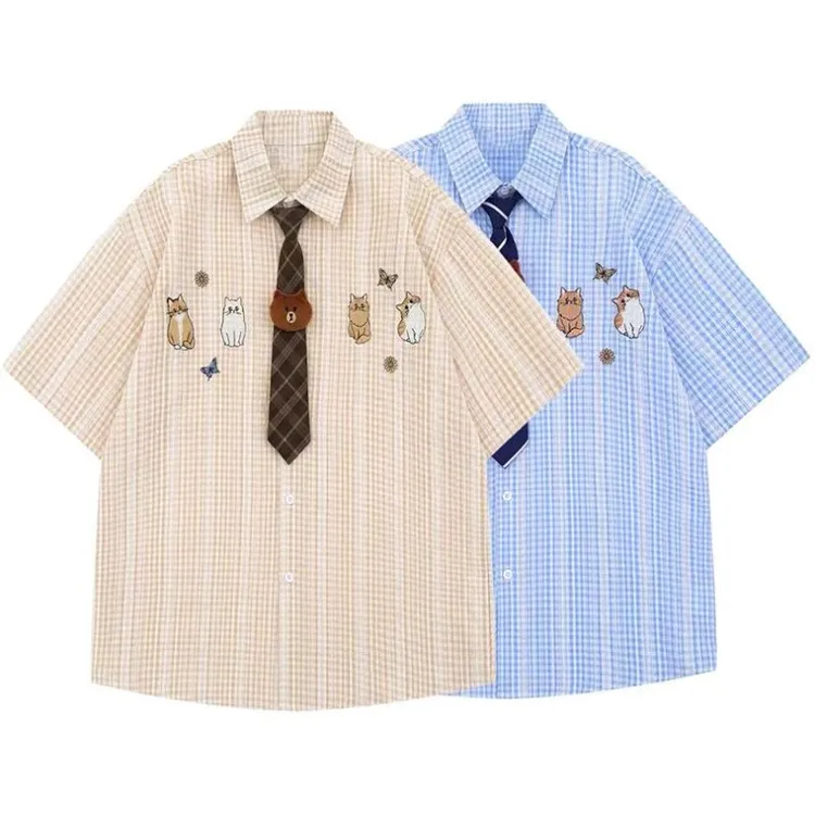 日系复古卡通刺绣短袖衬衫女2025夏休闲百搭高级感ins风情侣短衬