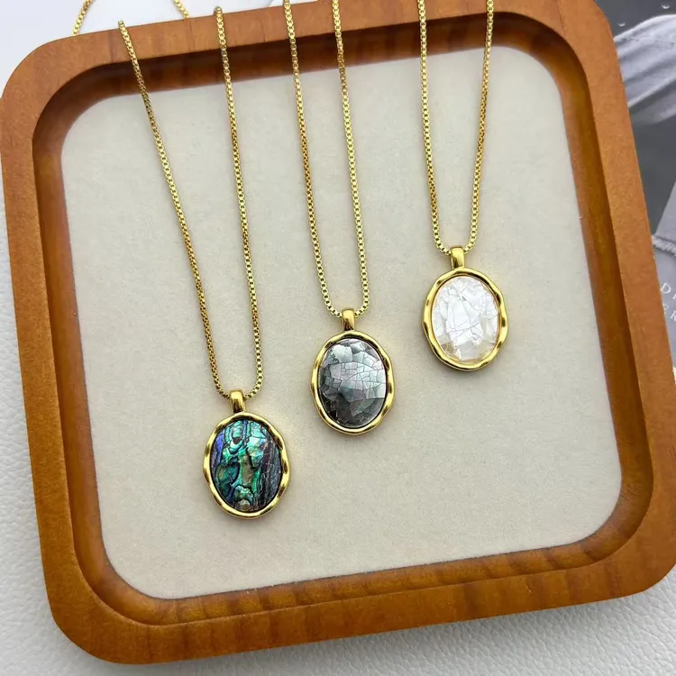 铜合金项链 白色贝壳裂纹刻面椭圆形项链女时尚轻奢高级感锁骨链