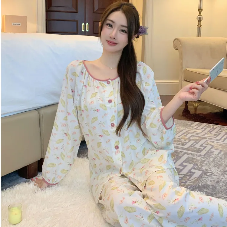 睡衣女春秋季新款可外穿开衫长袖长裤家居服套装四季可外穿