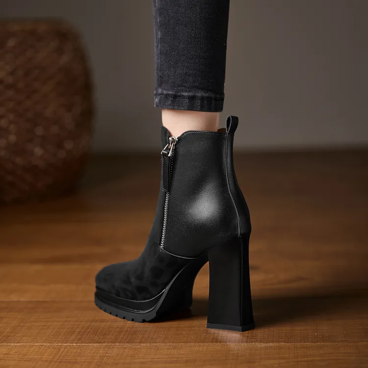 小个子增高10cm豹纹方头厚底粗跟短靴女秋冬新款双拉链高跟瘦瘦靴