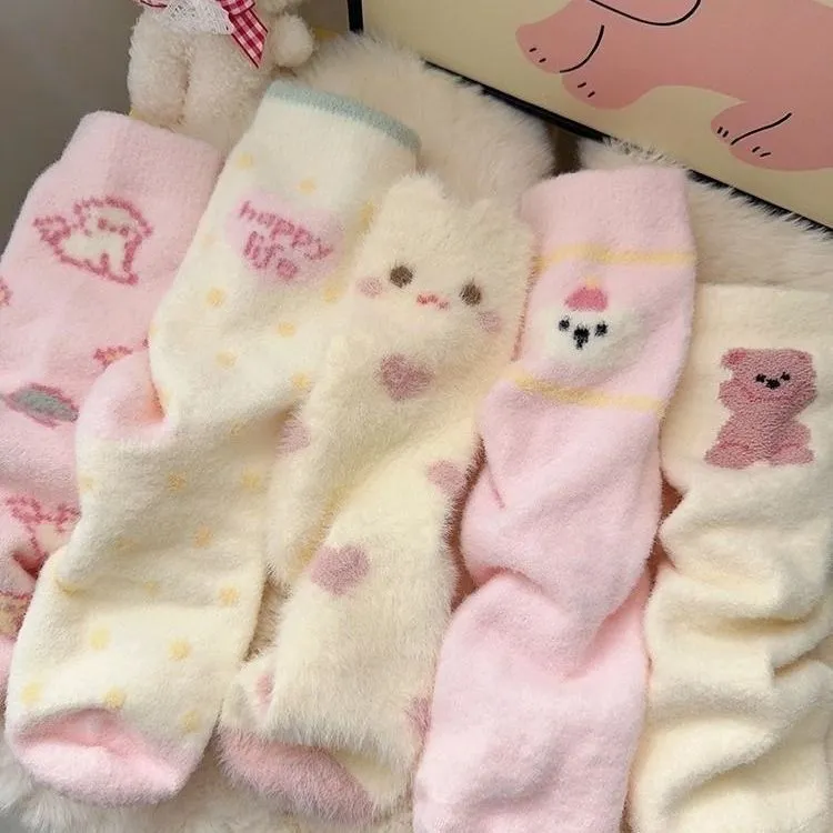 秋冬毛绒绒可爱少女卡通粉色系袜子女加厚保暖居家睡眠袜学生袜X