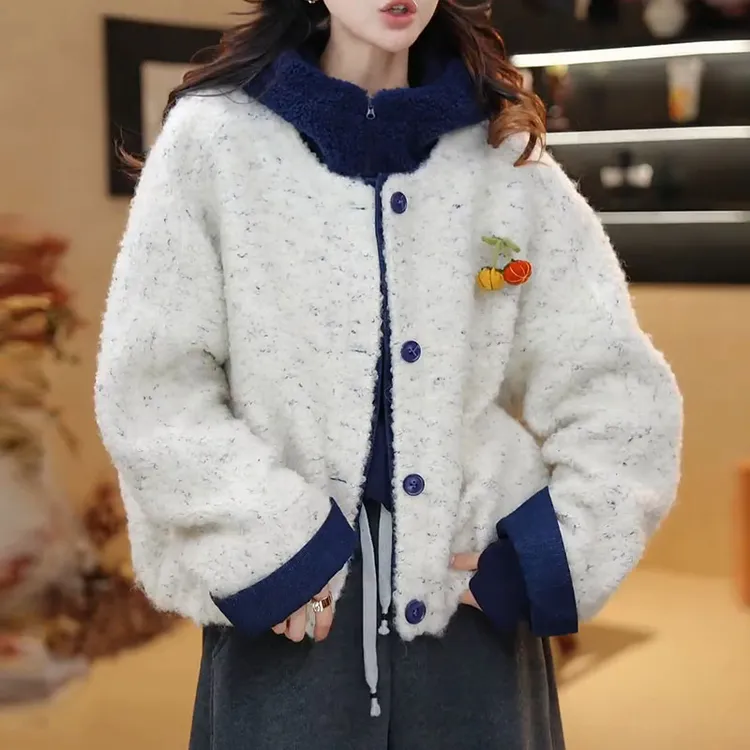 【霁灰樱华】网红时尚加厚棉服外套女2026春秋新款显瘦保暖开衫上衣