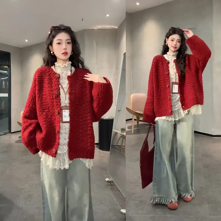 超火时尚穿搭一整套女2025新款百搭打底衫洋气开衫牛仔裤三件套