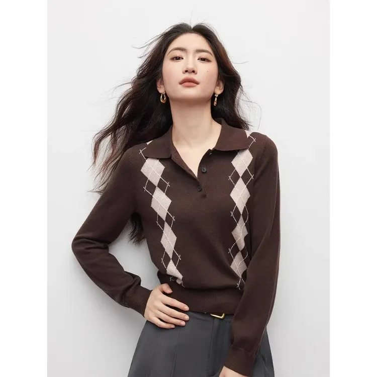 芯娇晴韩系复古菱格polo领长袖针织衫女秋冬气质百搭毛衣打底上衣