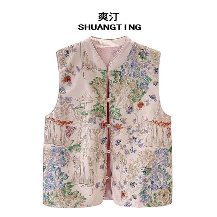 新中式国风2025最新款高贵钉珠重工刺绣时尚宽松版女士马甲-2986