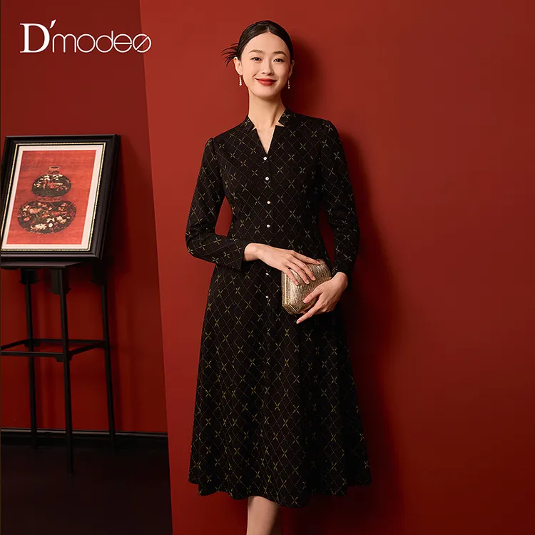 黛玛诗气质优雅a字裙冬新款针织格纹V领连衣裙女端庄DC05039254