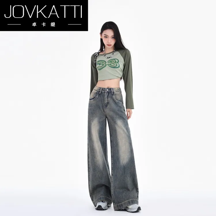 卓卡缇复古蓝磨白牛仔裤女2025秋季新款直筒窄版宽松垂坠阔腿裤子